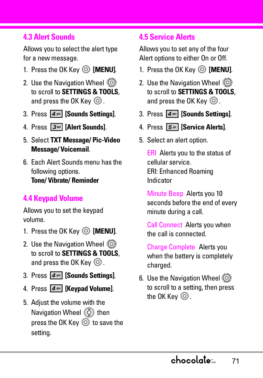 LG Electronics VX8550 manual Alert Sounds, Keypad Volume, Service Alerts 