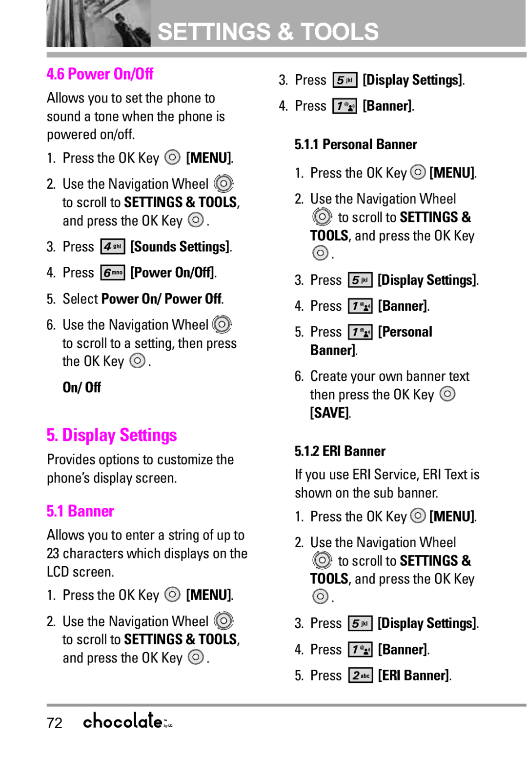 LG Electronics VX8550 manual Display Settings, Power On/Off, Banner 