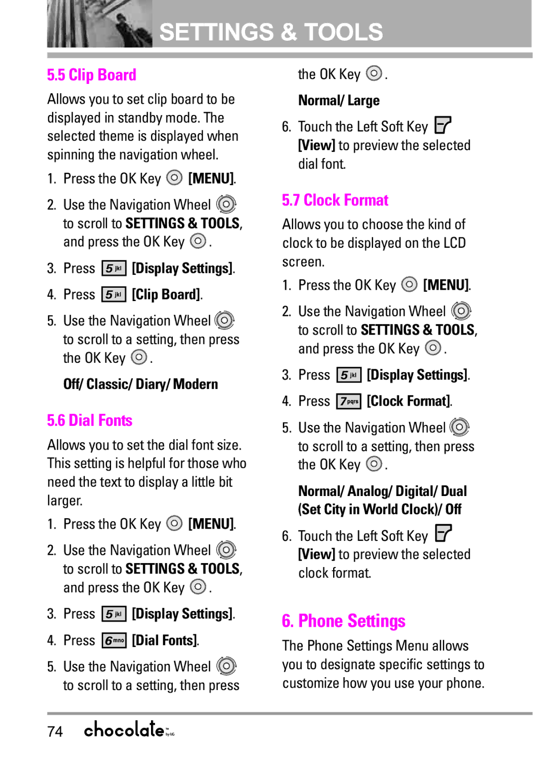 LG Electronics VX8550 manual Phone Settings, Clip Board, Dial Fonts, Clock Format 