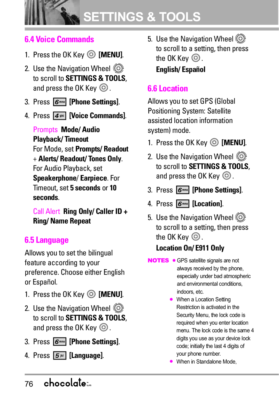 LG Electronics VX8550 manual Language, Location 