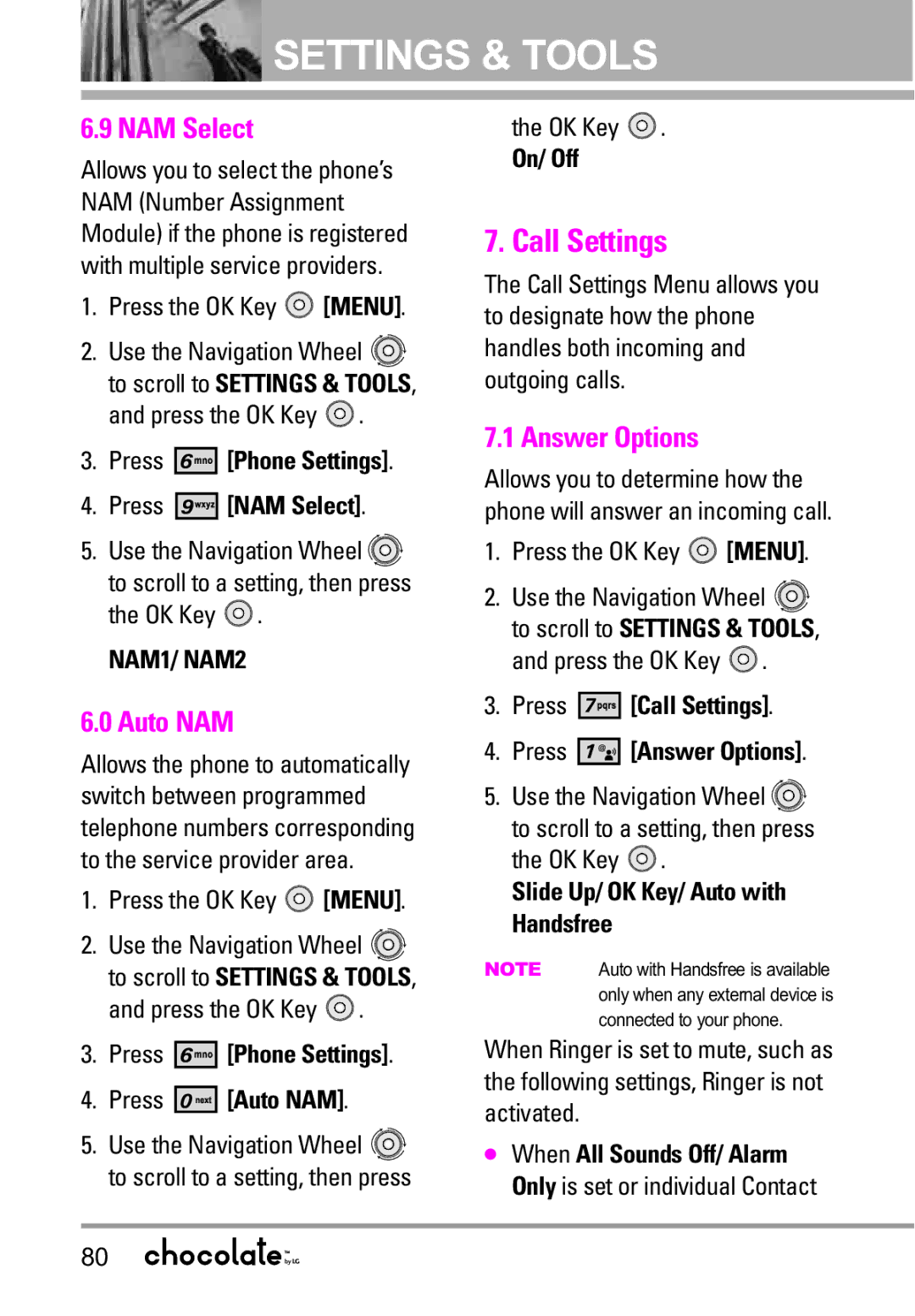 LG Electronics VX8550 manual Call Settings, NAM Select, Auto NAM, Answer Options 