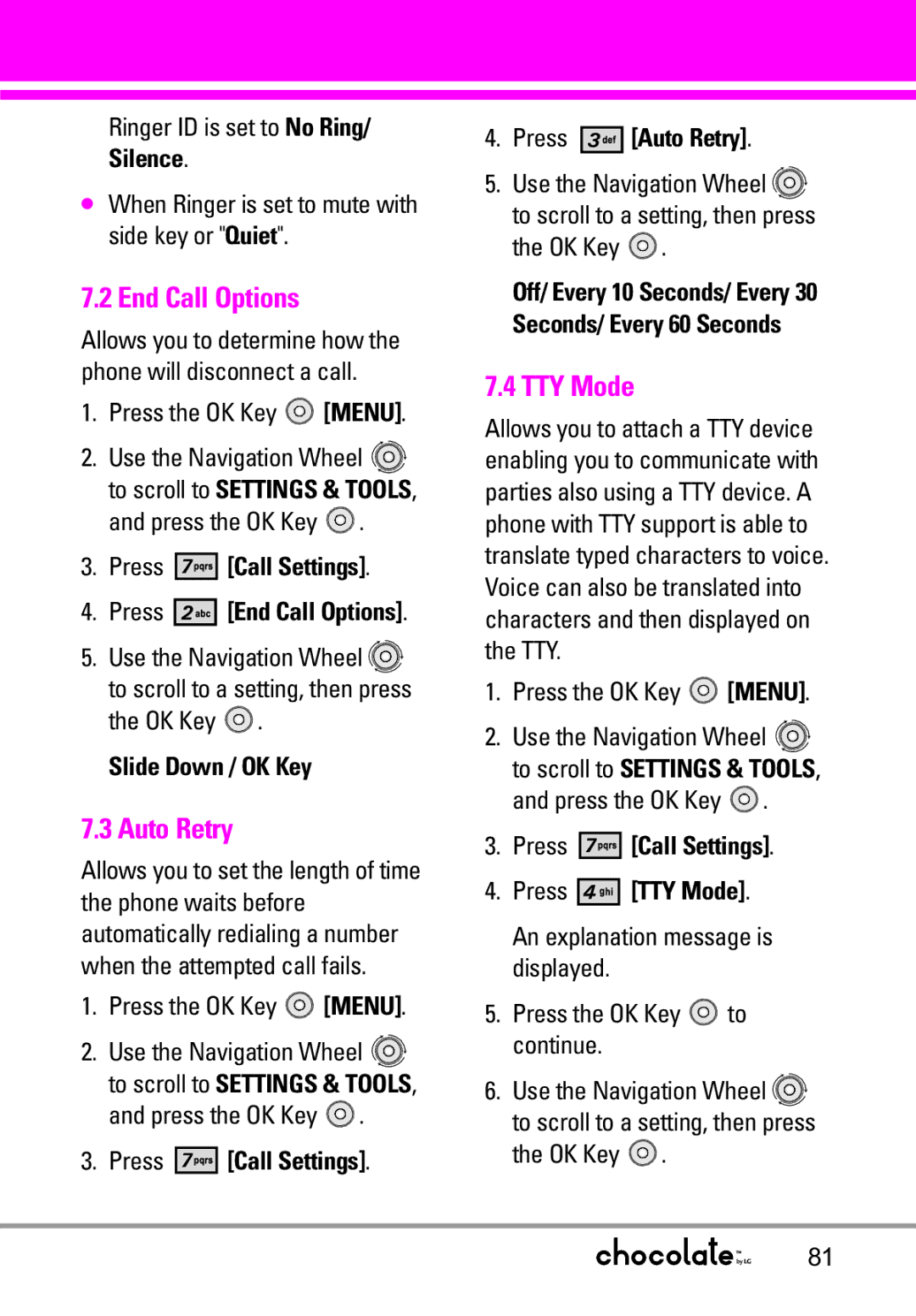 LG Electronics VX8550 manual End Call Options, Auto Retry, TTY Mode 