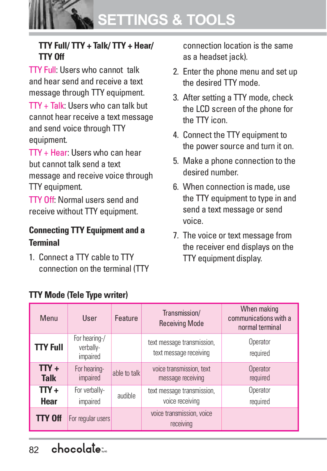 LG Electronics VX8550 manual TTY Full/ TTY + Talk/ TTY + Hear/ TTY Off, TTY Mode Tele Type writer 