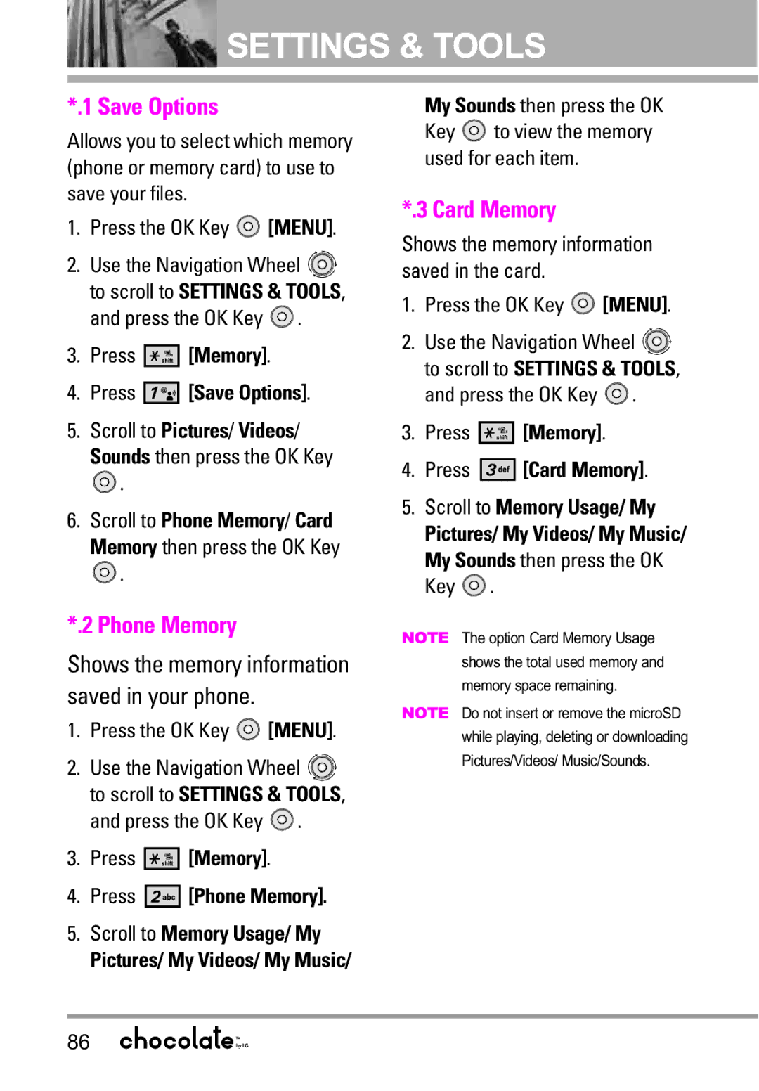 LG Electronics VX8550 manual Save Options, Phone Memory, Card Memory 