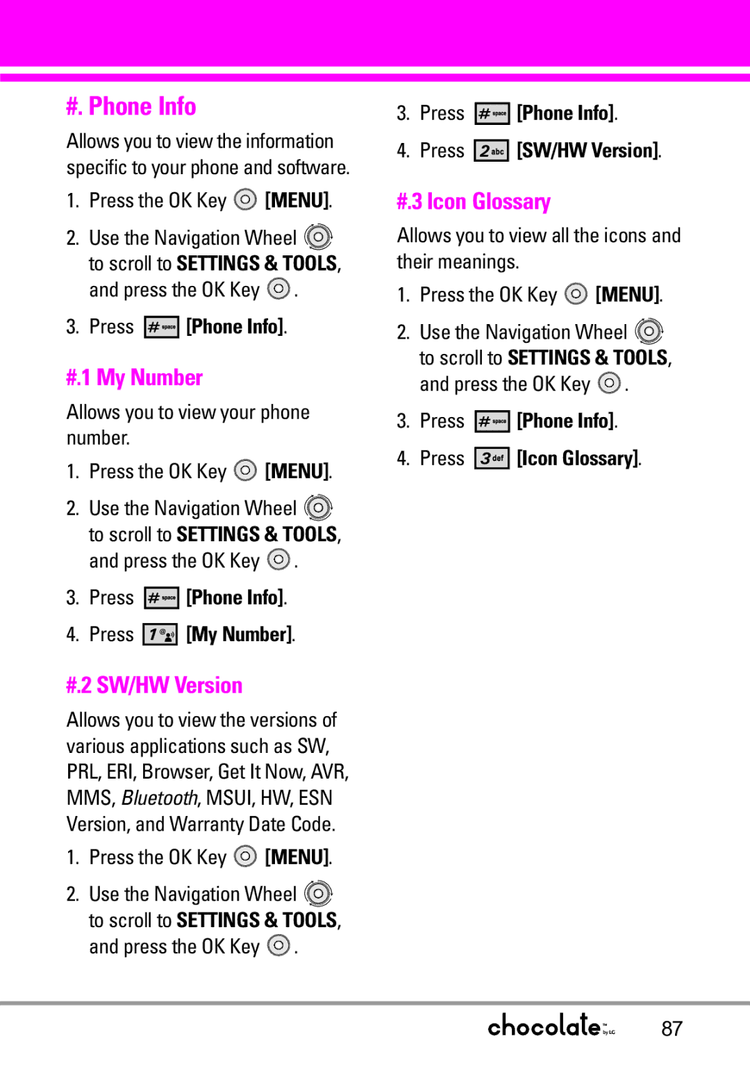 LG Electronics VX8550 manual #. Phone Info, #.1 My Number, #.2 SW/HW Version, #.3 Icon Glossary 