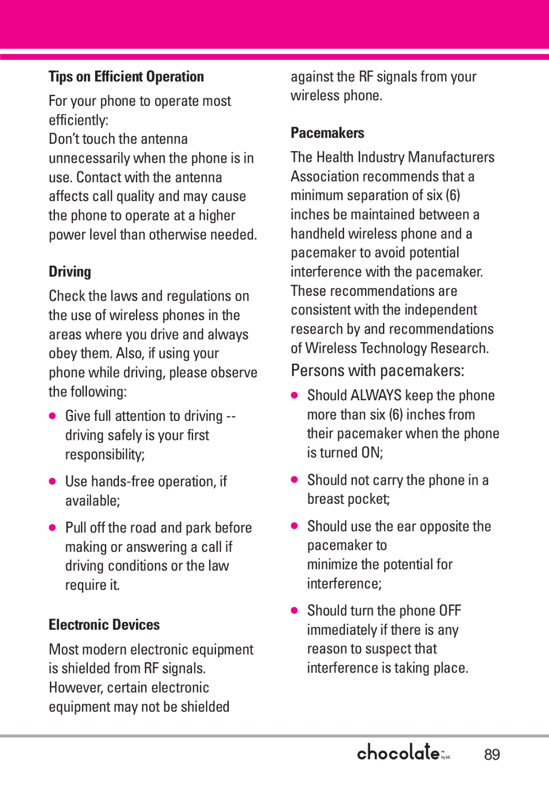 LG Electronics VX8550 manual Tips on Efficient Operation, Driving, Electronic Devices, Pacemakers 