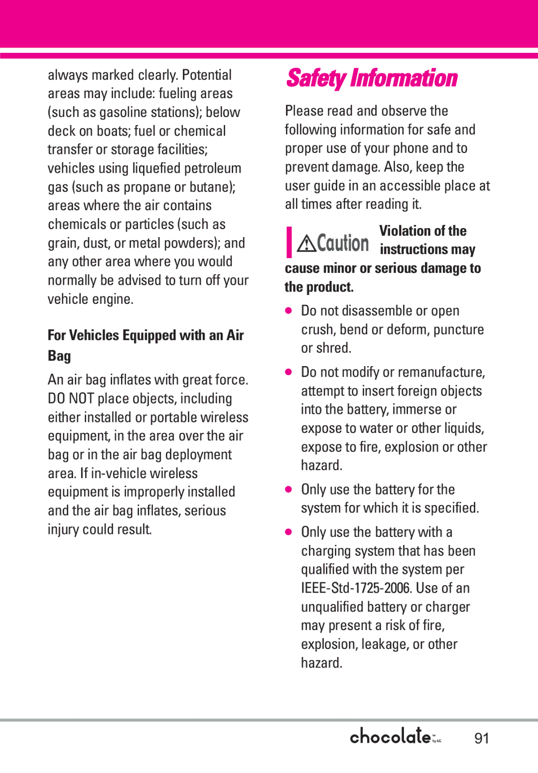 LG Electronics VX8550 manual For Vehicles Equipped with an Air Bag, Violation Product 