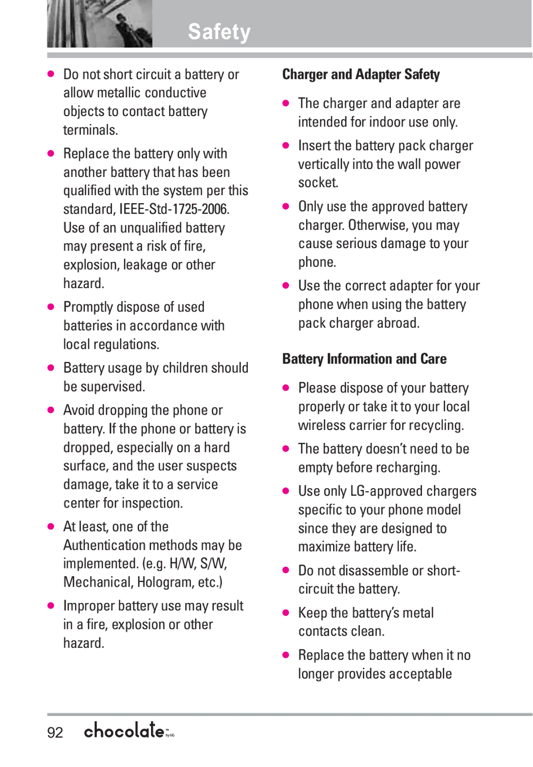 LG Electronics VX8550 manual Battery usage by children should be supervised, Charger and Adapter Safety 