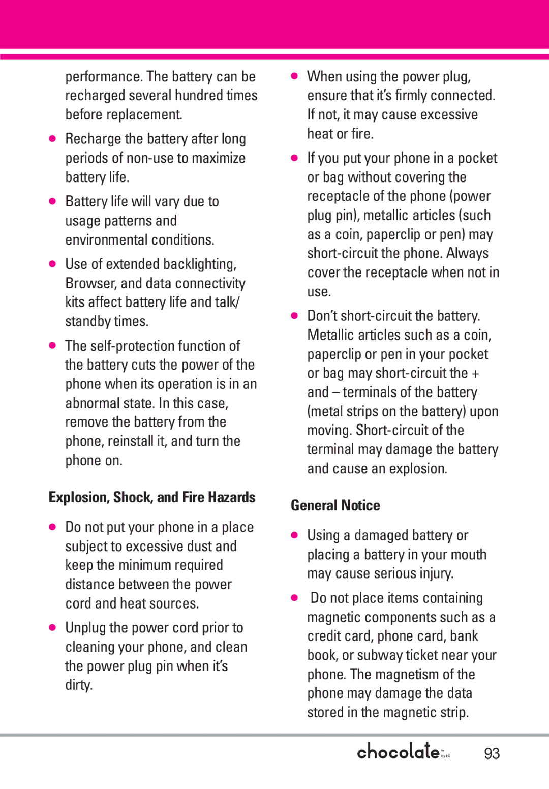 LG Electronics VX8550 manual General Notice, Explosion, Shock, and Fire Hazards 