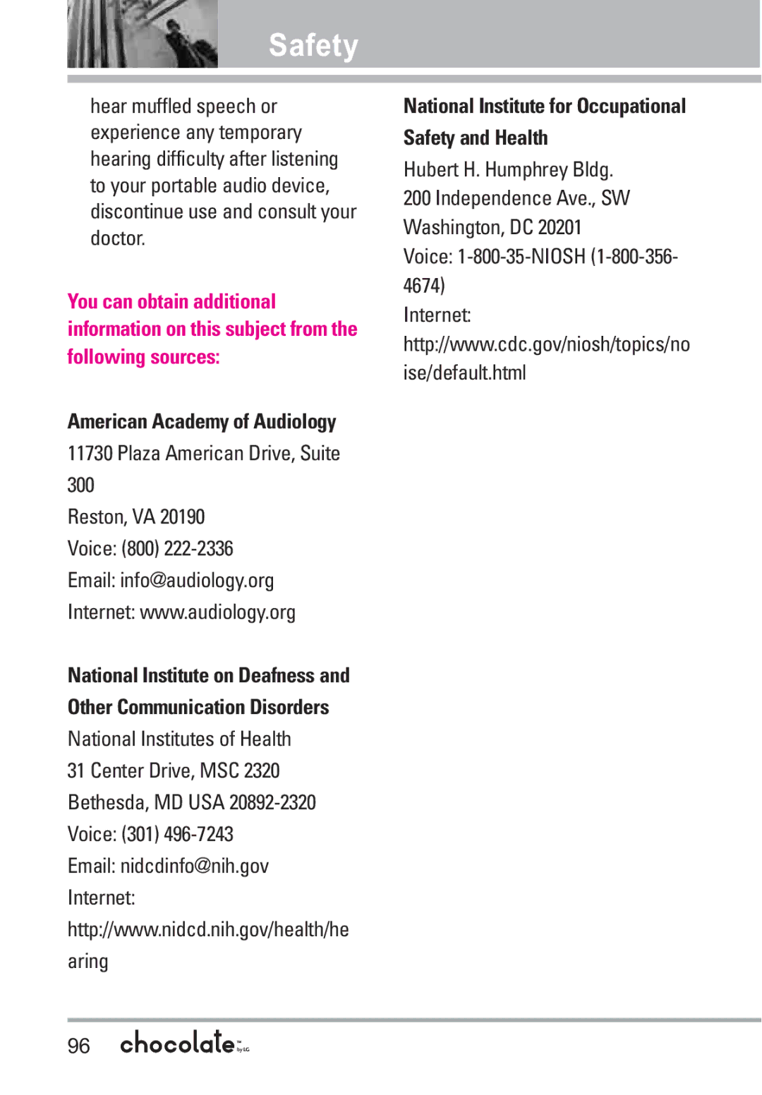 LG Electronics VX8550 Safety and Health, Hubert H. Humphrey Bldg, Voice 1-800-35-NIOSH 1-800-356 Internet Ise/default.html 