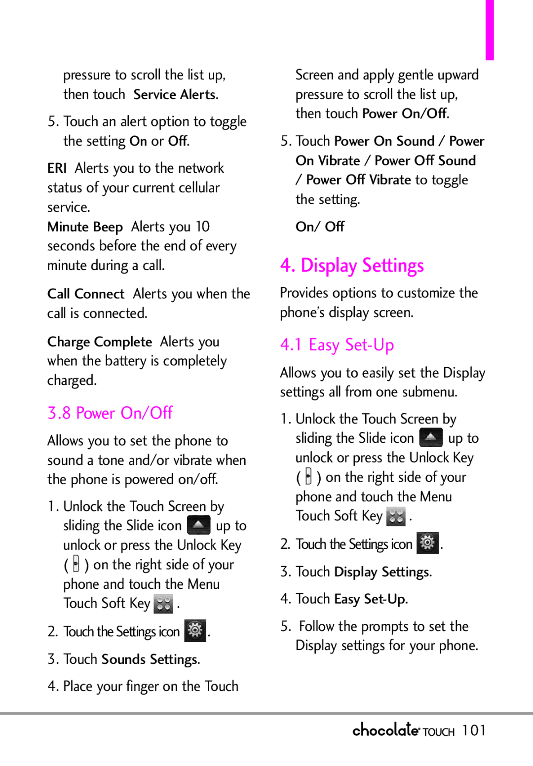 LG Electronics VX8575 manual Display Settings, Power On/Off, Provides options to customize the phone’s display screen, 101 