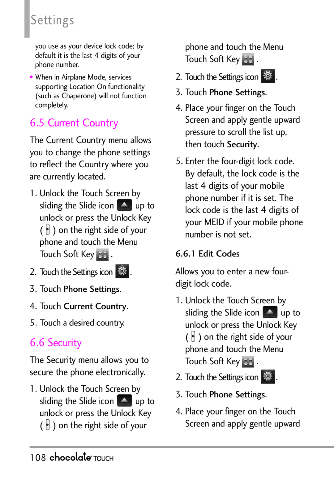 LG Electronics VX8575 manual Current Country, Security, Touch the Settings icon Touch Phone Settings, 108 