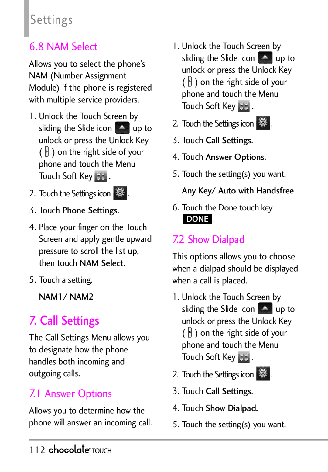 LG Electronics VX8575 manual Call Settings, NAM Select, Answer Options, Show Dialpad 