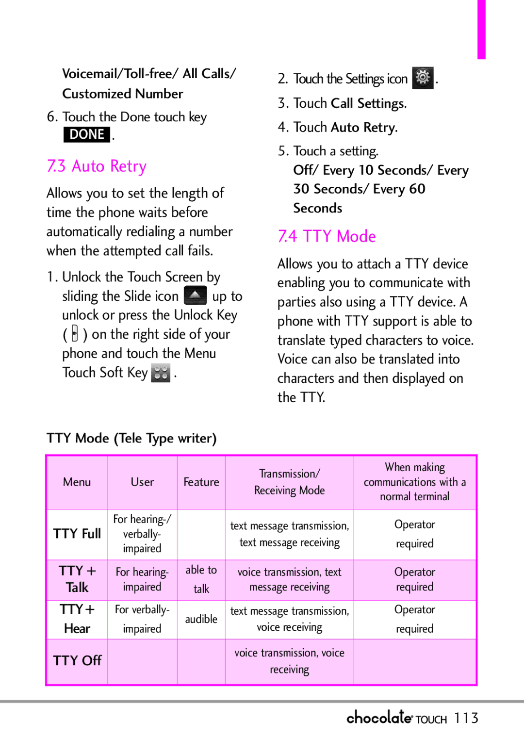 LG Electronics VX8575 manual Auto Retry, TTY Mode, 113 