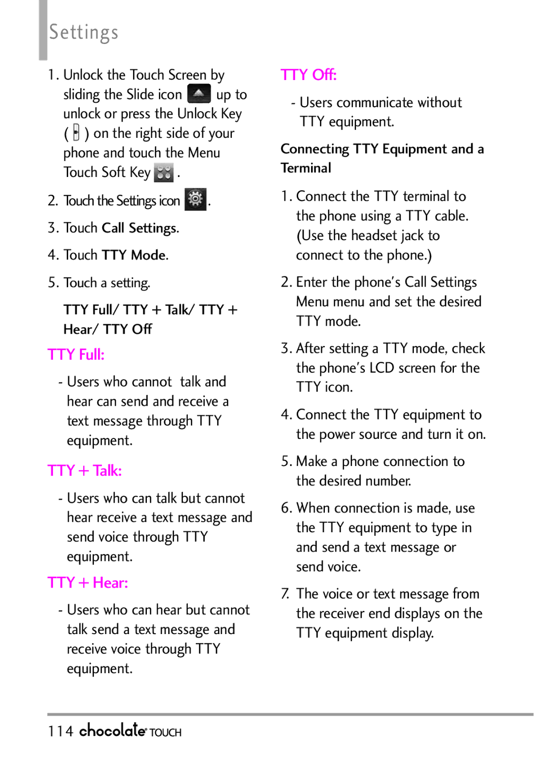 LG Electronics VX8575 manual 114, Connect the TTY equipment to the power source and turn it on 