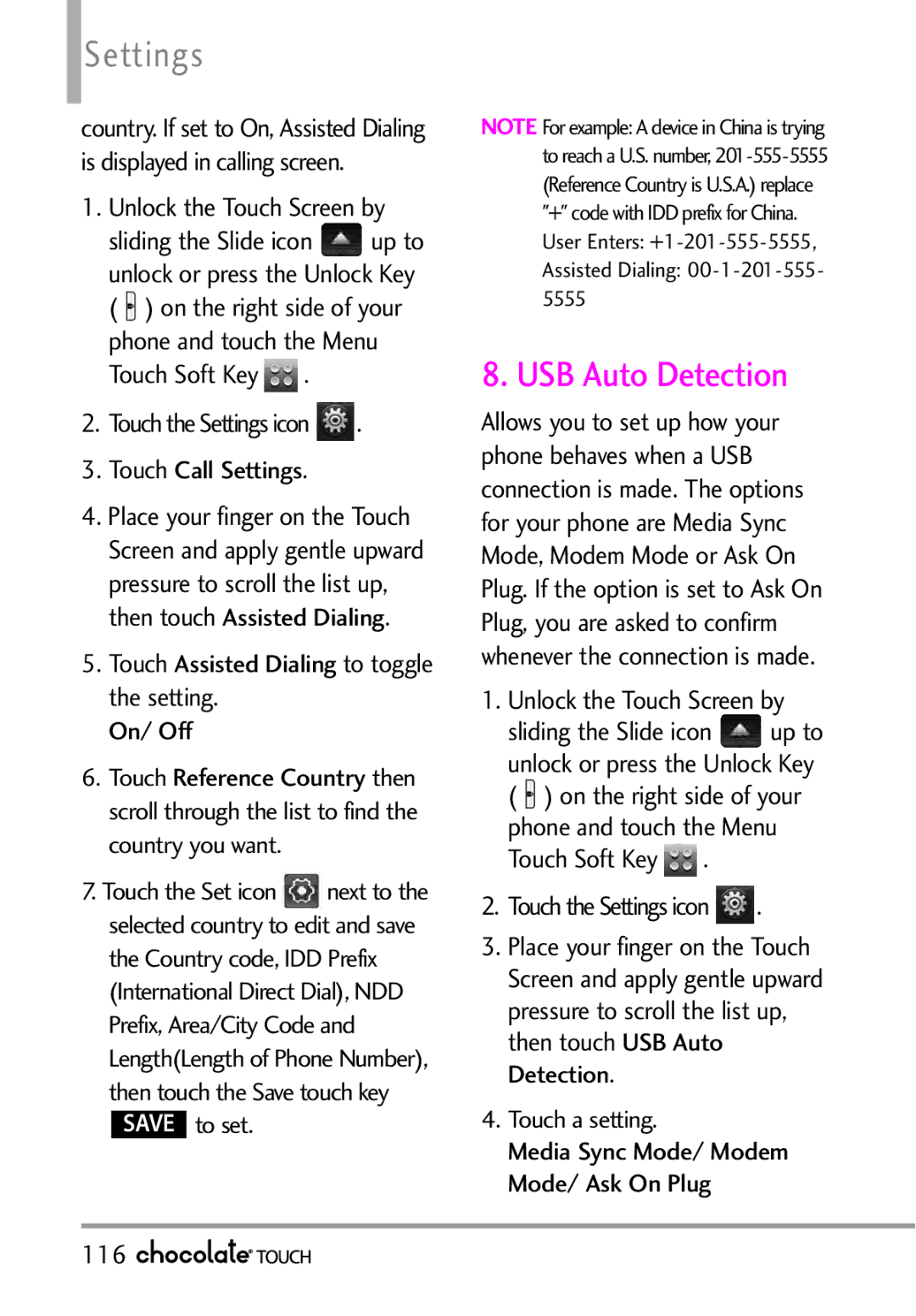 LG Electronics VX8575 manual USB Auto Detection, Touch Assisted Dialing to toggle the setting On/ Off, Save to set, 116 