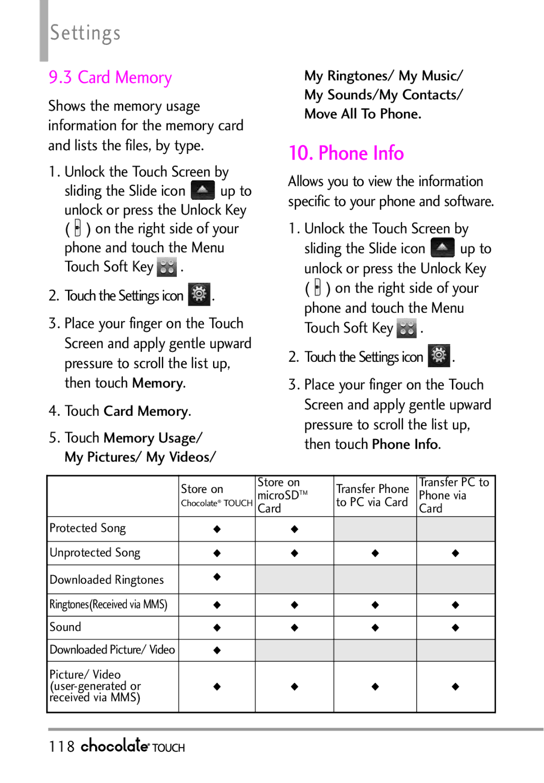 LG Electronics VX8575 manual Phone Info, Touch Card Memory, 118, Picture/ Video User-generated or Received via MMS 