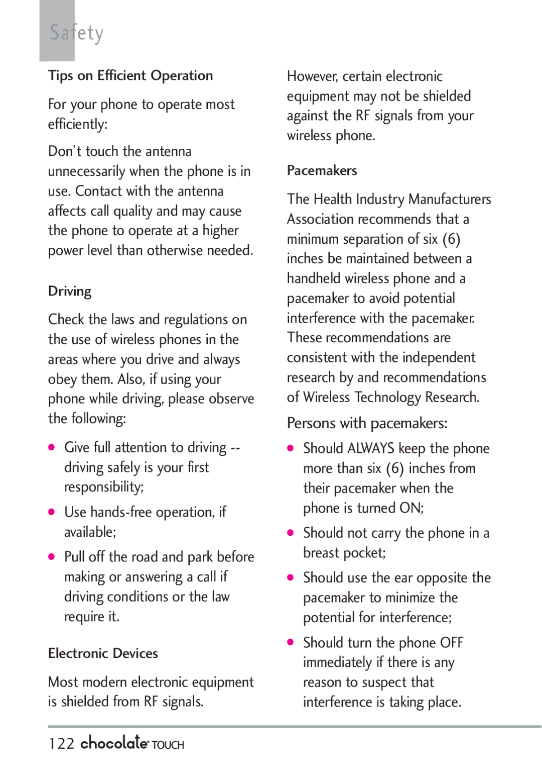 LG Electronics VX8575 manual Safety, Driving, Pacemakers, Should not carry the phone in a breast pocket, 122 