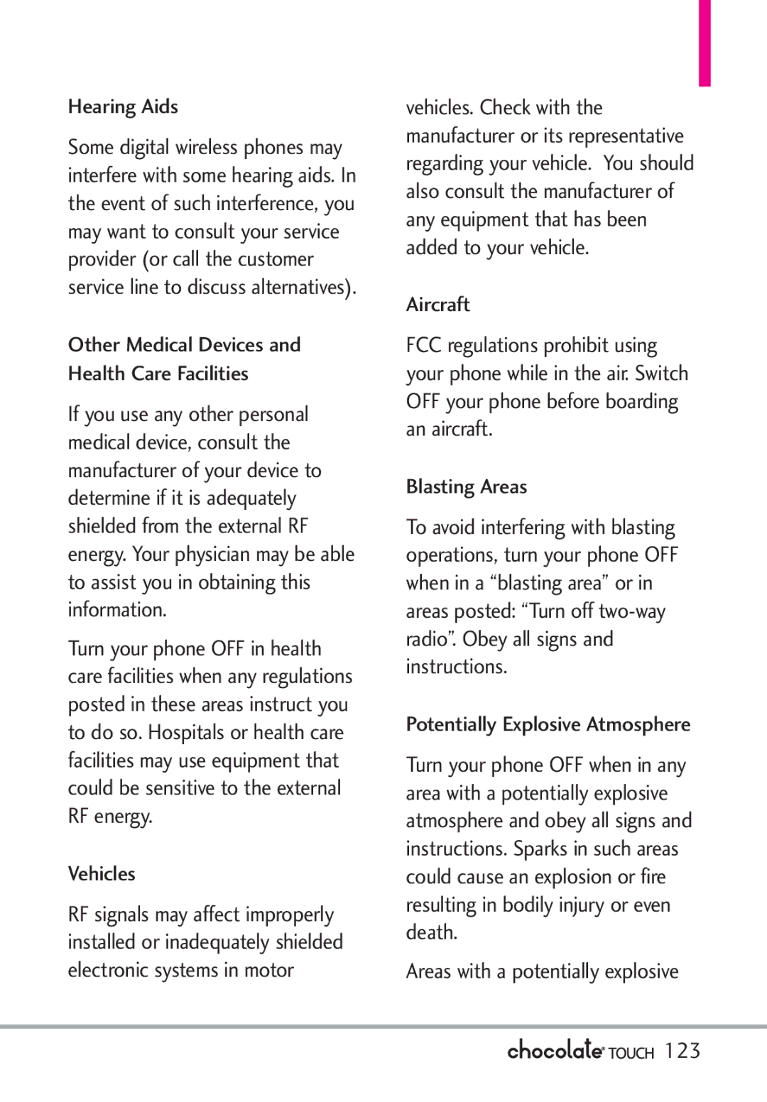 LG Electronics VX8575 Hearing Aids, Vehicles, Potentially Explosive Atmosphere, Areas with a potentially explosive 123 