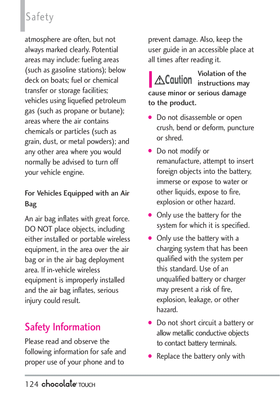 LG Electronics VX8575 manual Safety Information, For Vehicles Equipped with an Air Bag, Replace the battery only with 124 