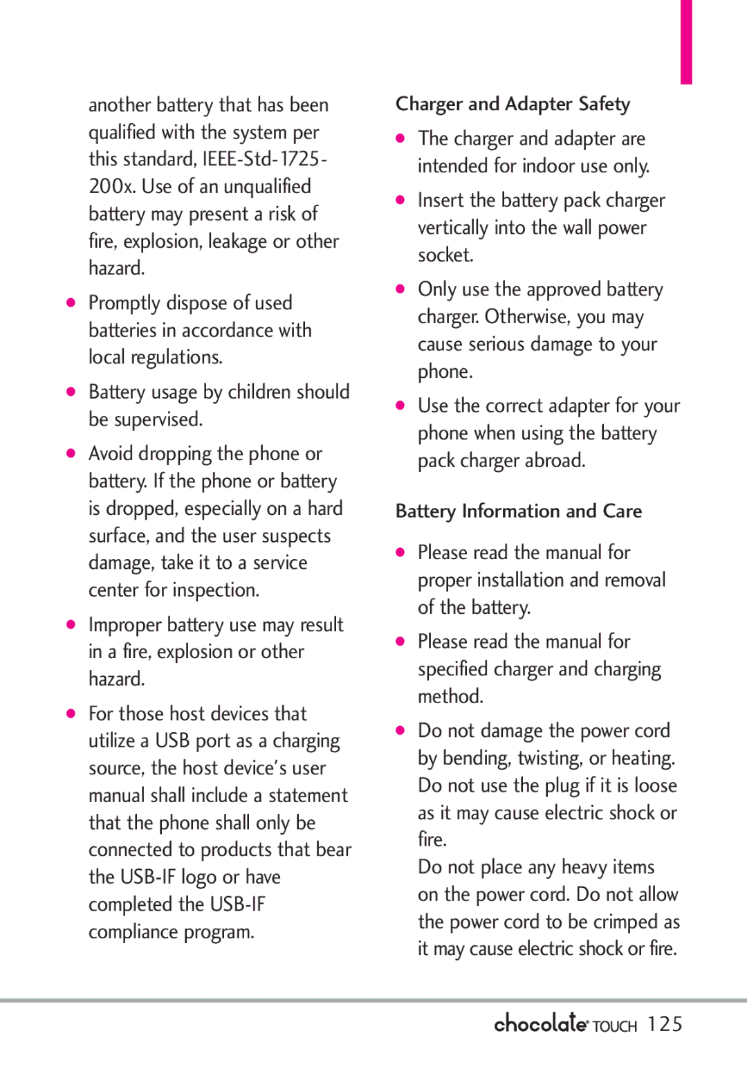 LG Electronics VX8575 manual Battery usage by children should be supervised, 125 