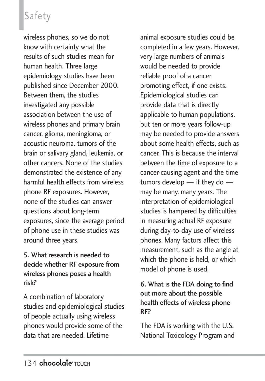 LG Electronics VX8575 manual 134, FDA is working with the U.S. National Toxicology Program 