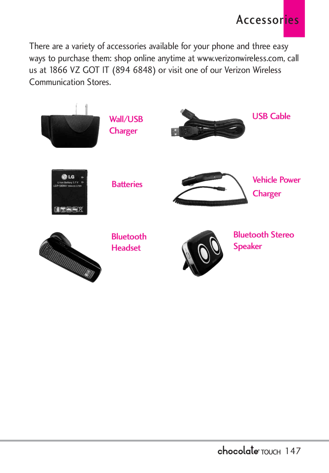 LG Electronics VX8575 manual Accessories, Wall/USB USB Cable Charger Batteries, Bluetooth, Headset Speaker, 147 