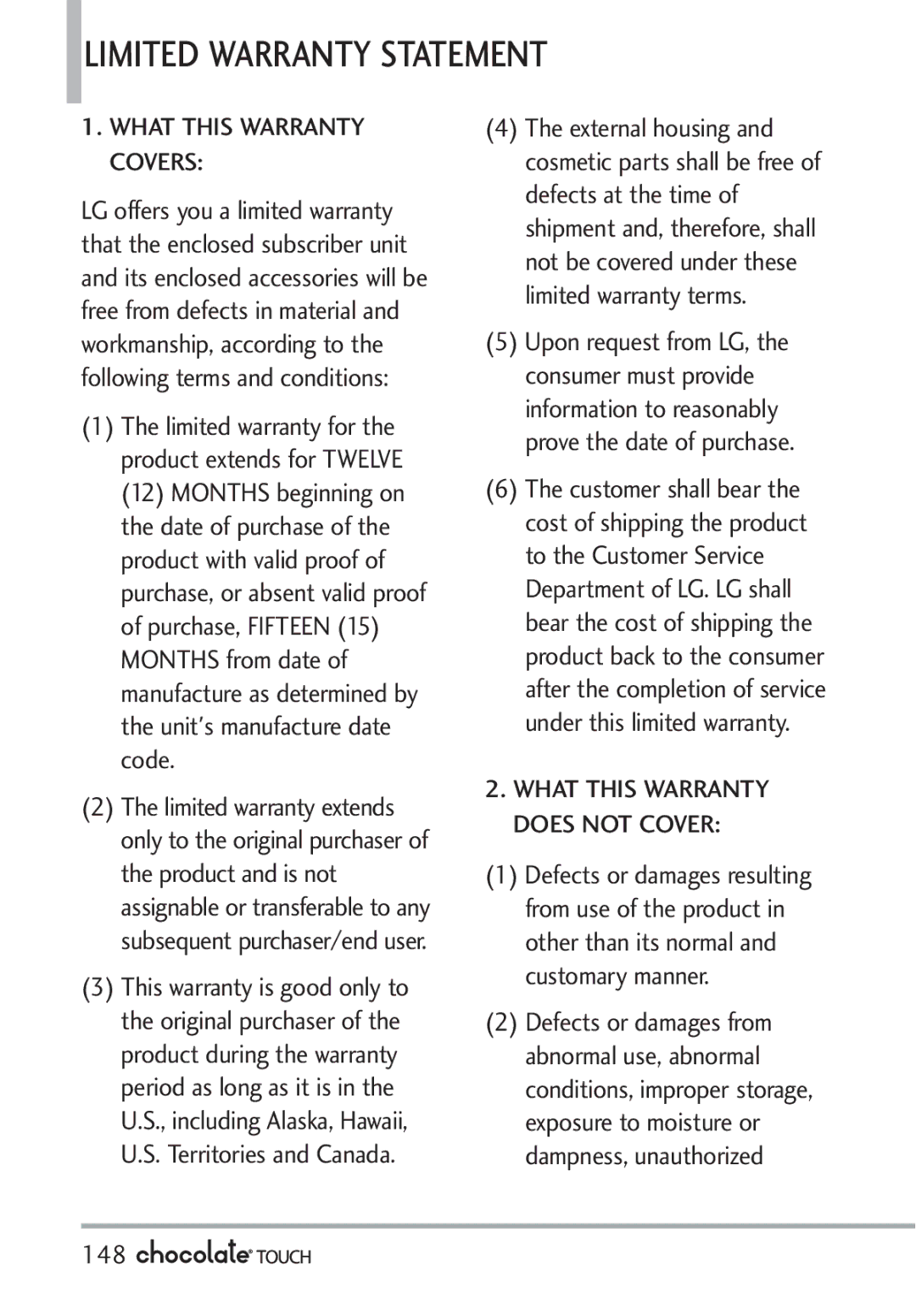 LG Electronics VX8575 manual Limited Warranty Statement, 148 