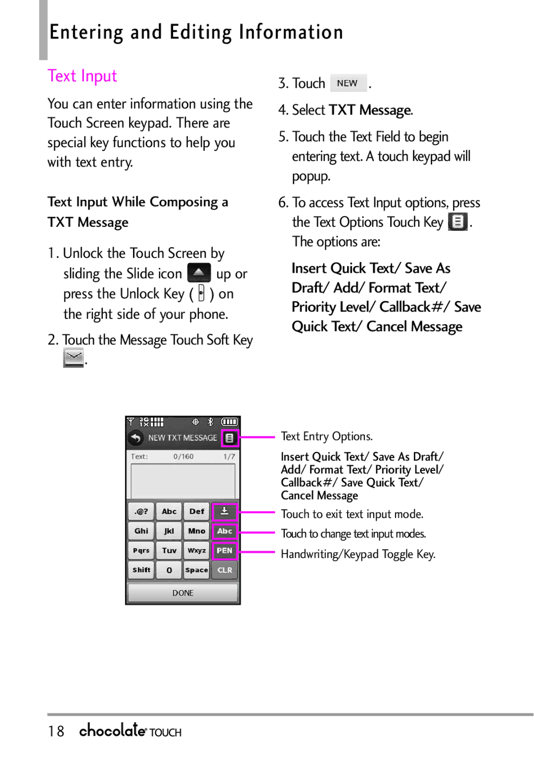 LG Electronics VX8575 manual Entering and Editing Information, Text Input 