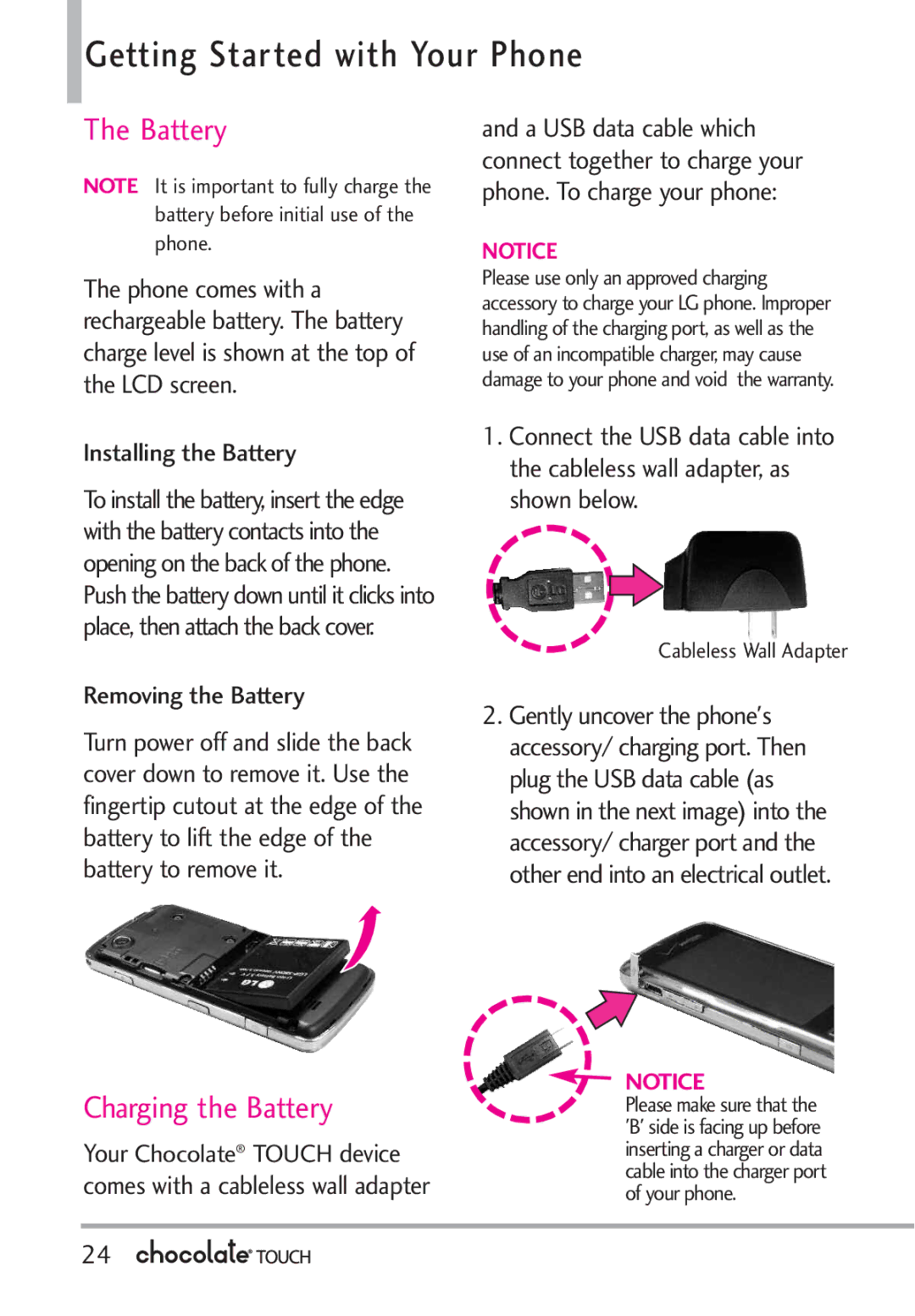 LG Electronics VX8575 manual Getting Started with Your Phone, Charging the Battery, Installing the Battery 