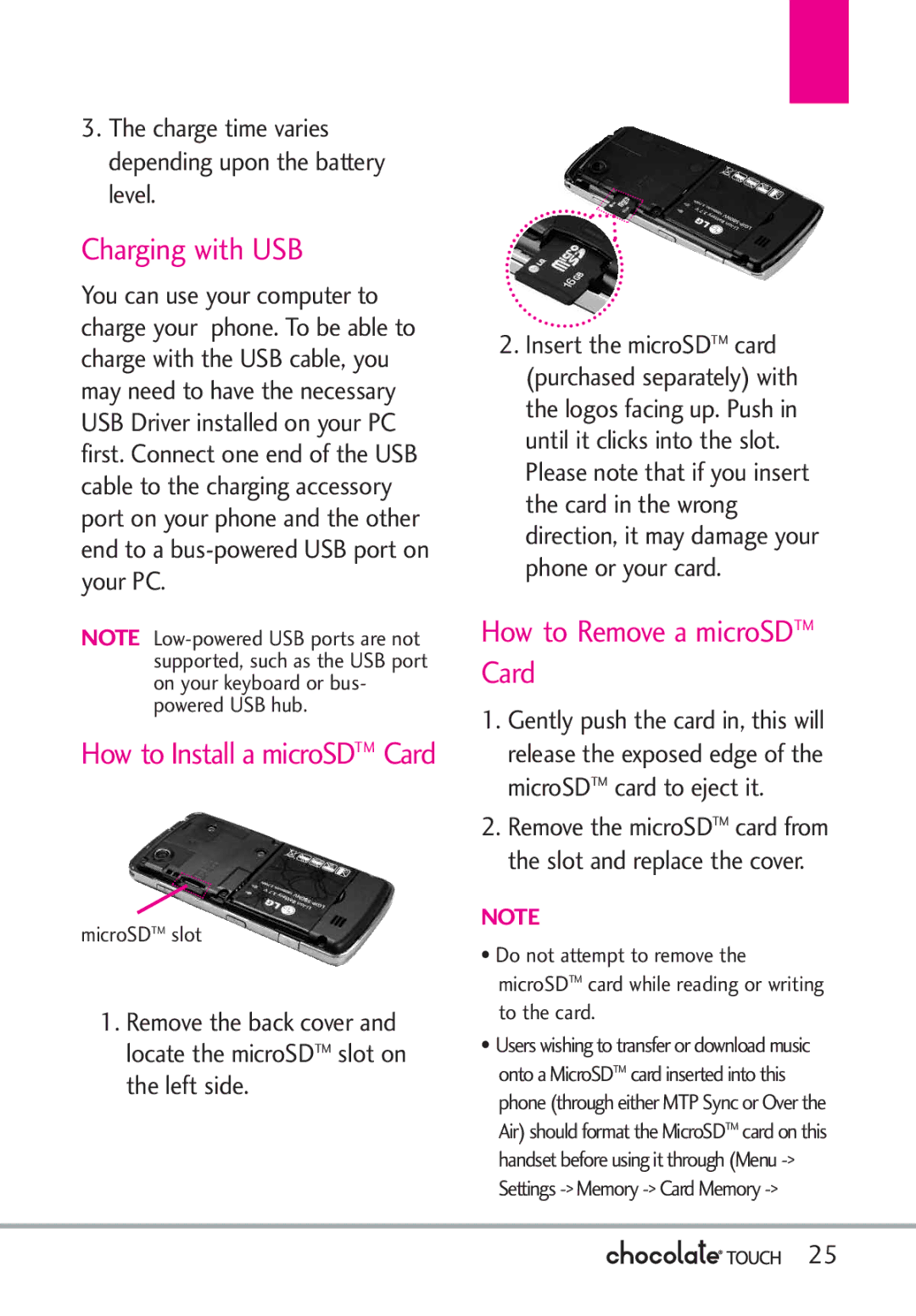 LG Electronics VX8575 Charging with USB, How to Remove a microSDTM Card, How to Install a microSDTM Card, MicroSDTM slot 