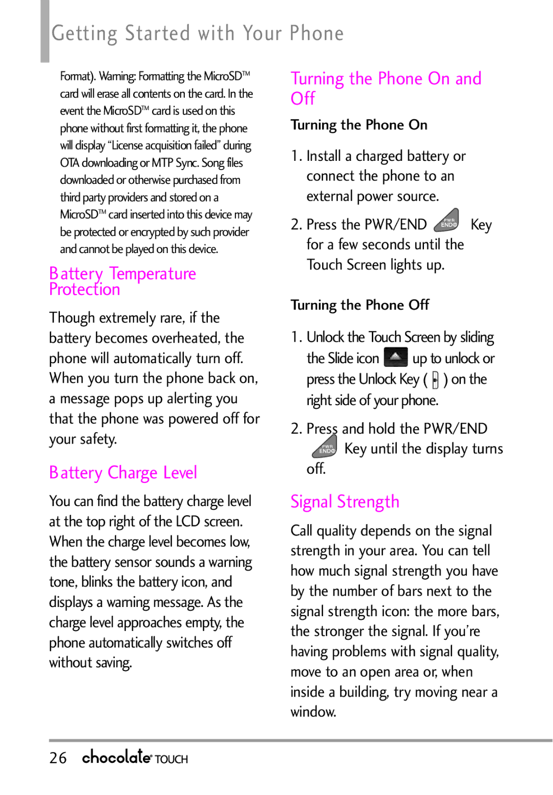 LG Electronics VX8575 manual Getting Started with Your Phone, Protection Turning the Phone On and Off, Battery Charge Level 