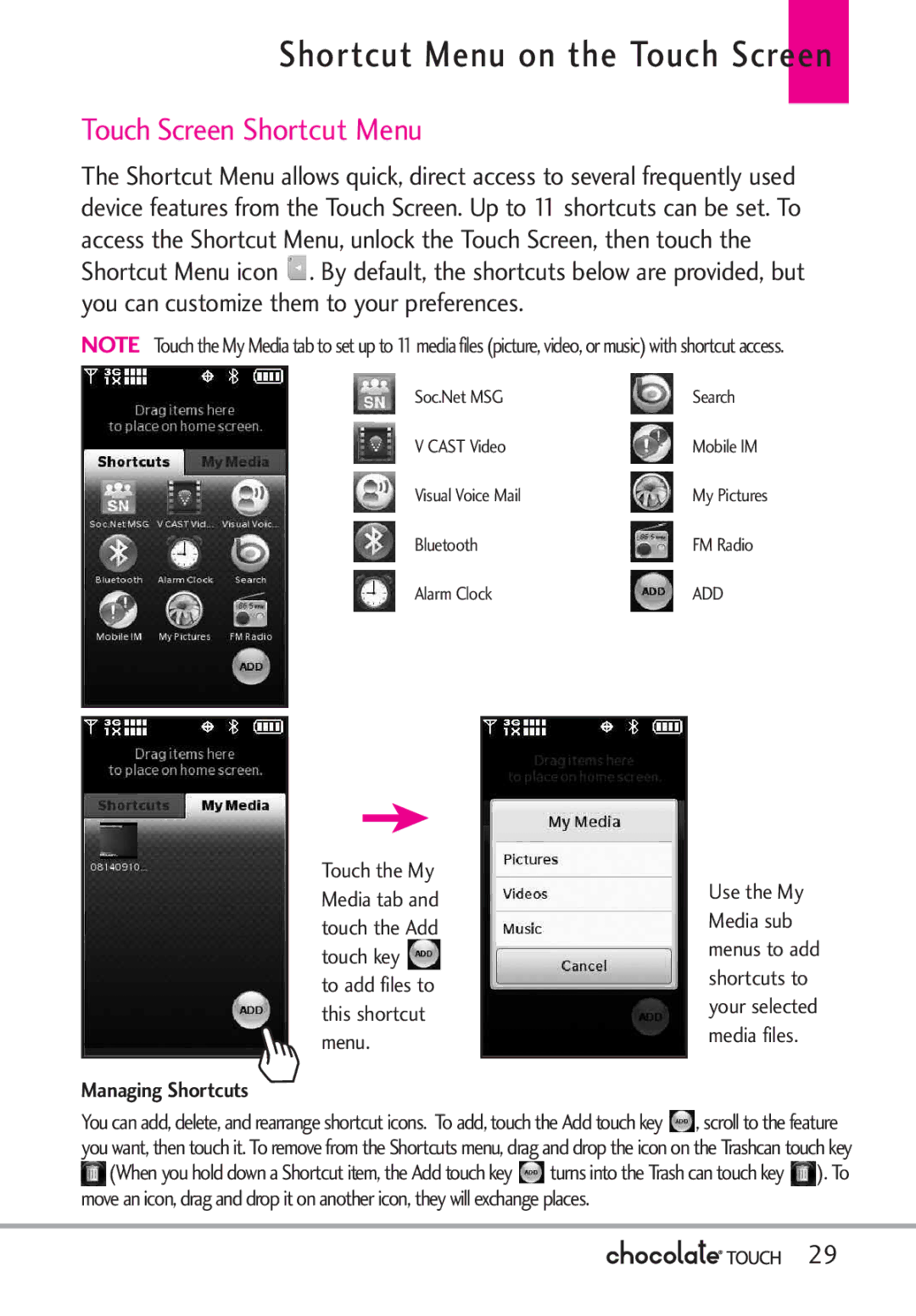 LG Electronics VX8575 manual Shortcut Menu on the Touch Screen, Managing Shortcuts 