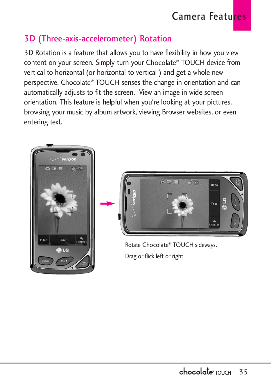 LG Electronics VX8575 manual Camera Features, 3D Three-axis-accelerometer Rotation 