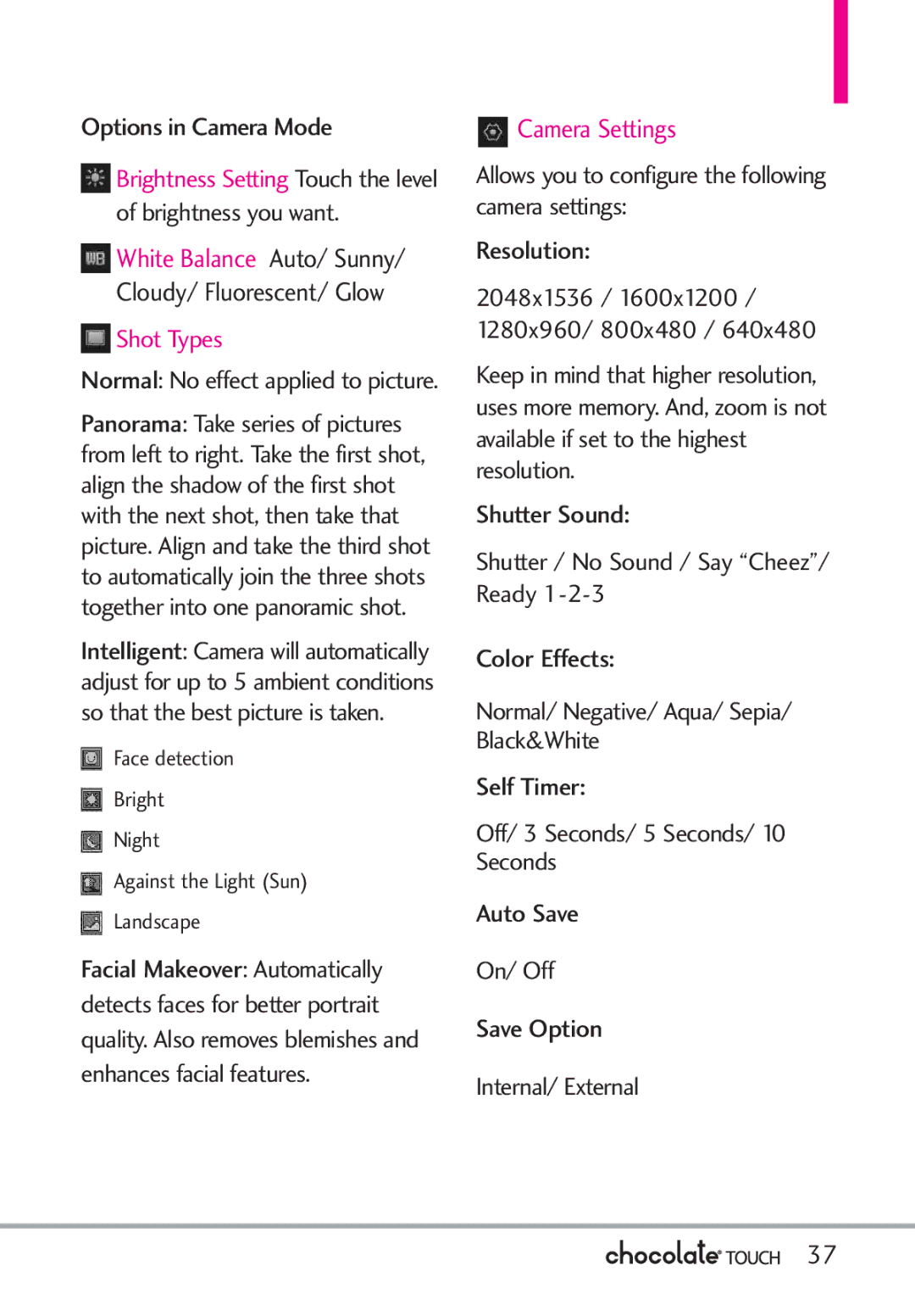 LG Electronics VX8575 manual Options in Camera Mode, White Balance Auto/ Sunny, Cloudy/ Fluorescent/ Glow, Shot Types 