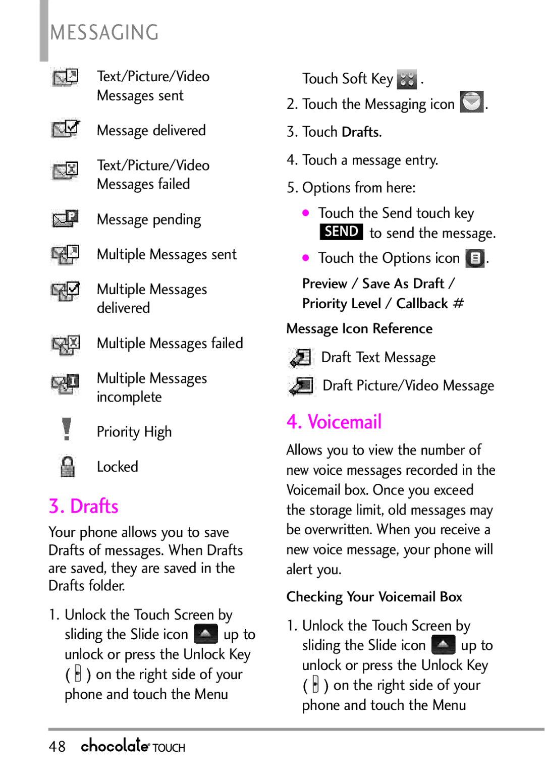 LG Electronics VX8575 manual Drafts, Voicemail, Multiple Messages failed, Priority High Locked 