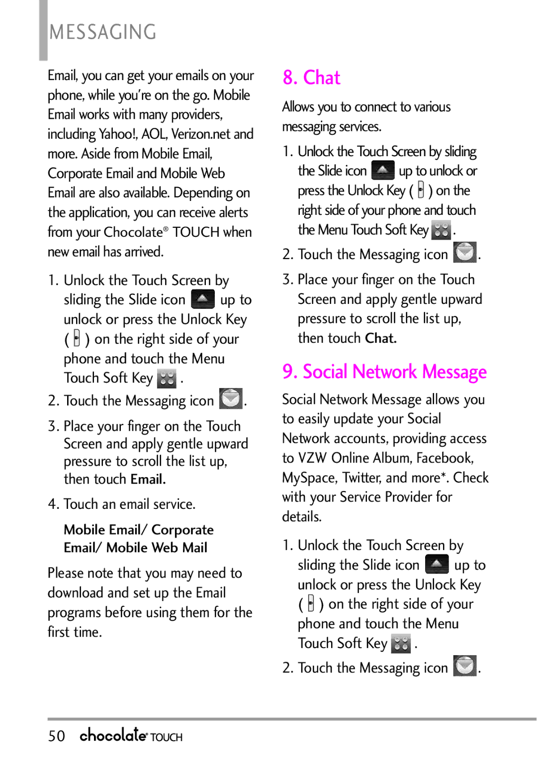 LG Electronics VX8575 manual Chat, Social Network Message, Allows you to connect to various messaging services 