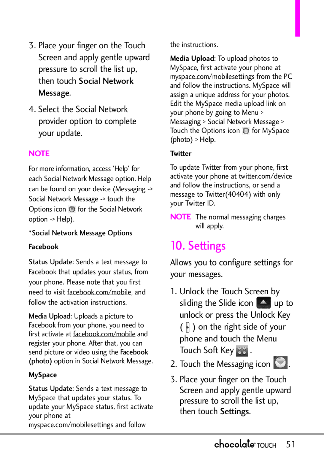 LG Electronics VX8575 manual Settings, Option Help Social Network Message Options, Instructions Touch the Options icon 