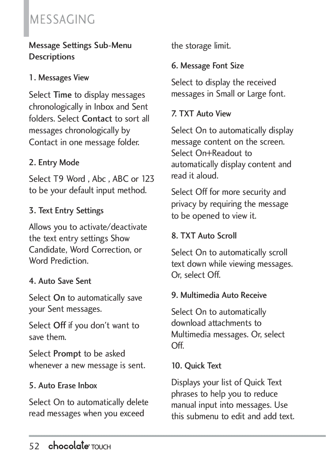 LG Electronics VX8575 manual Message Settings Sub-Menu Descriptions Messages View, Text Entry Settings, Auto Erase Inbox 