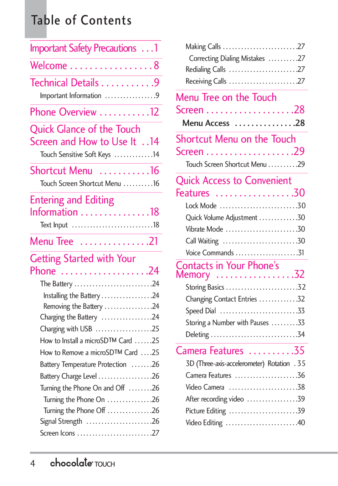 LG Electronics VX8575 manual Table of Contents 