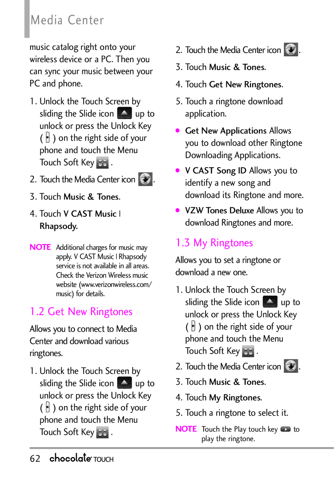 LG Electronics VX8575 manual Media Center, Get New Ringtones, Touch Music & Tones Touch V Cast Music Rhapsody 