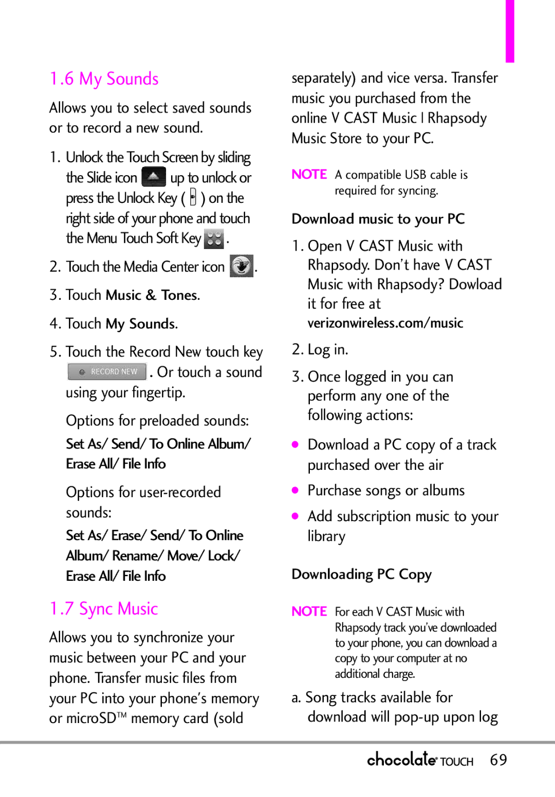 LG Electronics VX8575 manual Sync Music, Touch Music & Tones Touch My Sounds, Download music to your PC Log 