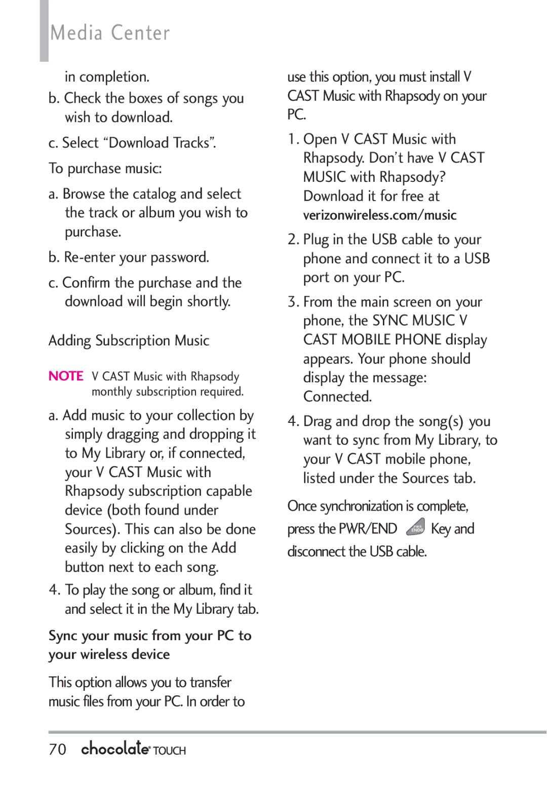 LG Electronics VX8575 manual Adding Subscription Music, Sync your music from your PC to your wireless device 