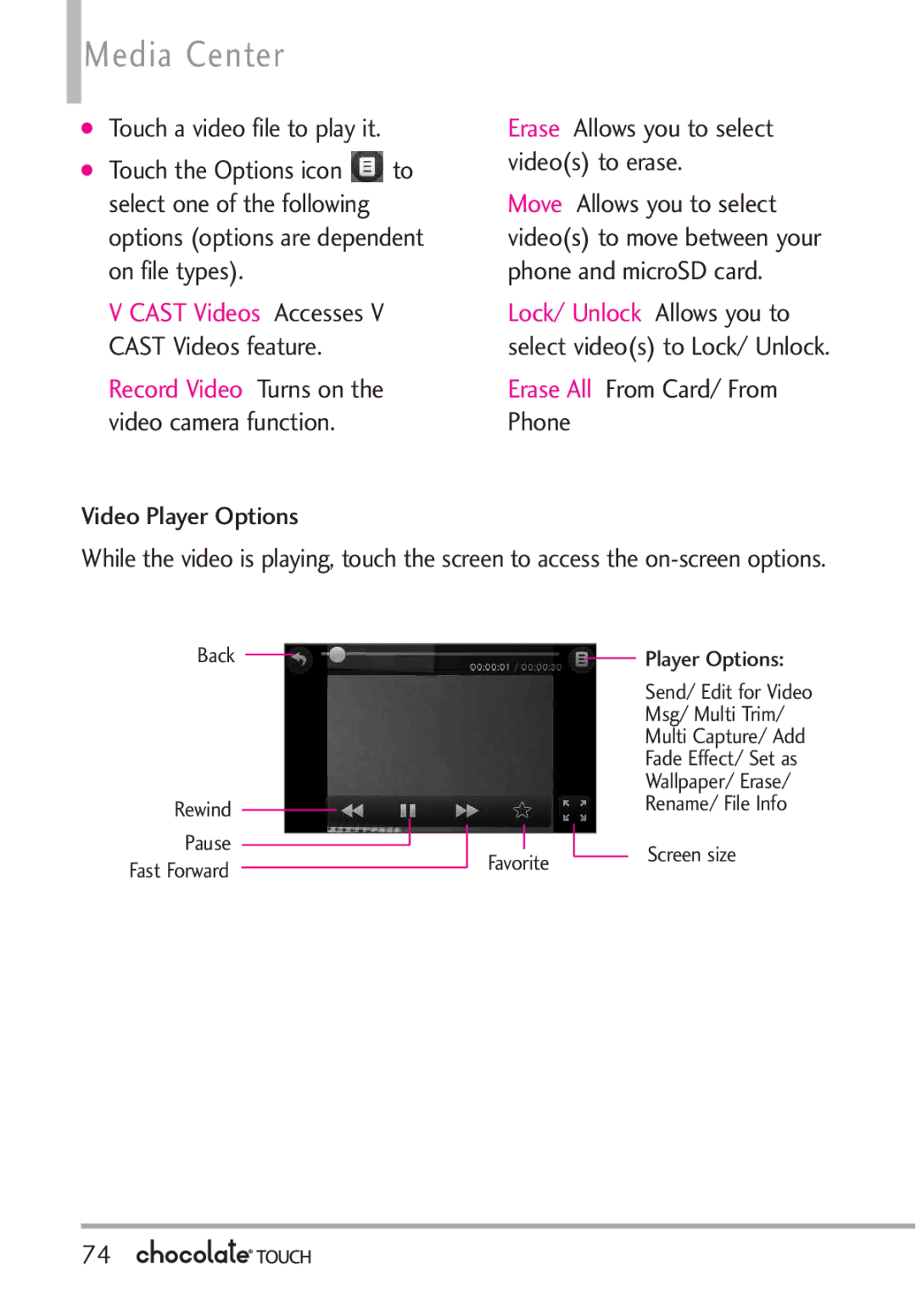 LG Electronics VX8575 manual Touch a video file to play it, Video Player Options, Erase All From Card/ From Phone 