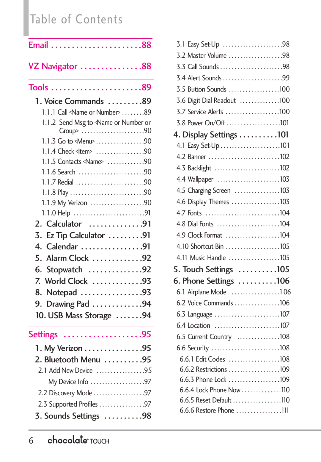 LG Electronics VX8575 manual Table of Contents 