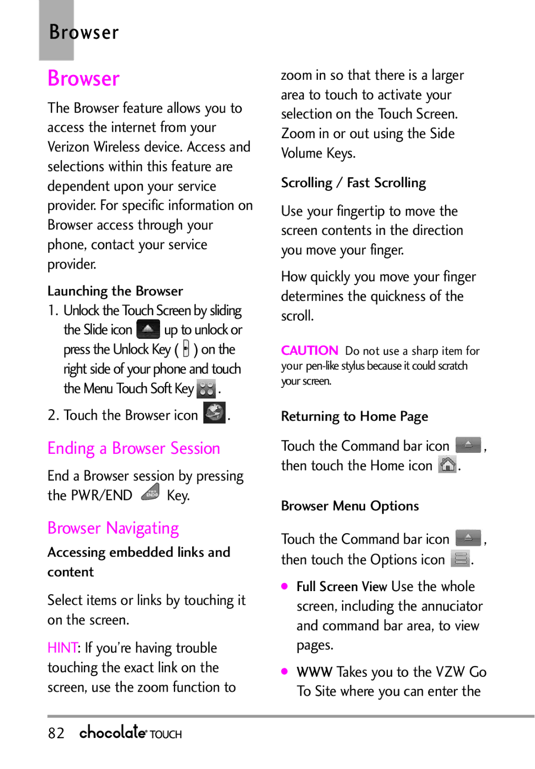 LG Electronics VX8575 manual Browser Navigating 