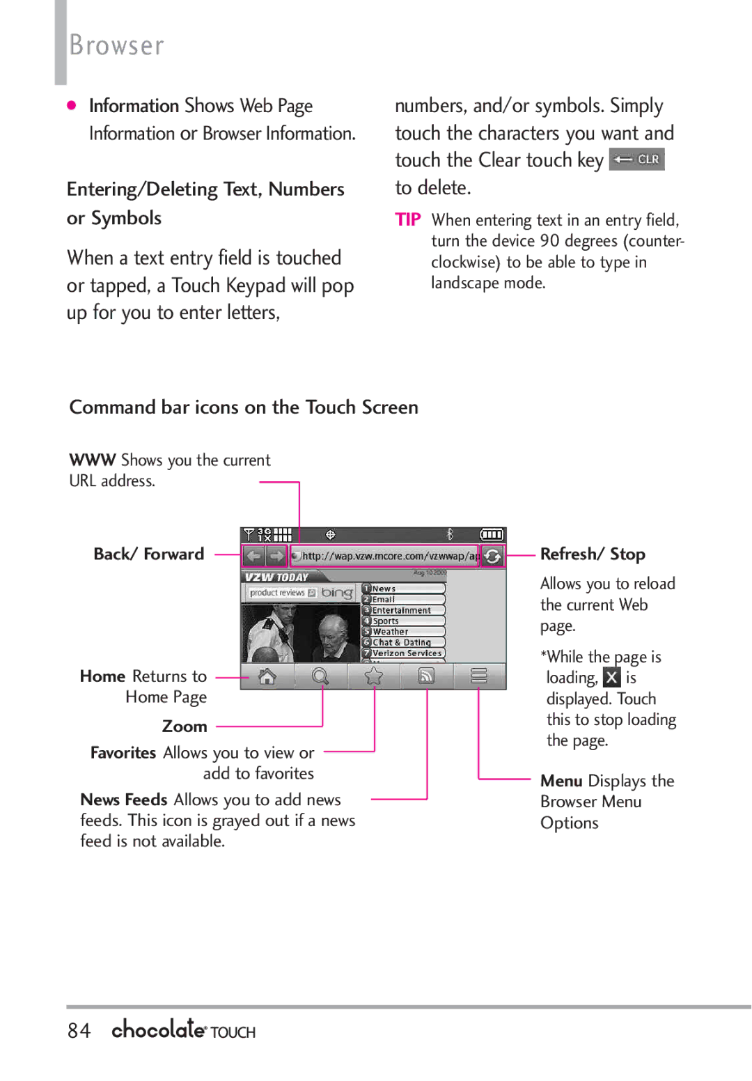 LG Electronics VX8575 manual Browser, Entering/Deleting Text, Numbers or Symbols, Command bar icons on the Touch Screen 