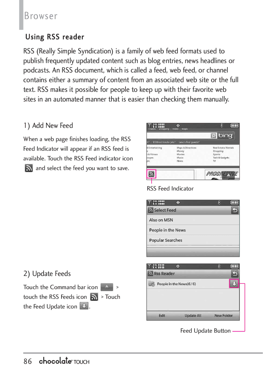 LG Electronics VX8575 manual Add New Feed, Update Feeds, RSS Feed Indicator, Feed Update icon Feed Update Button 