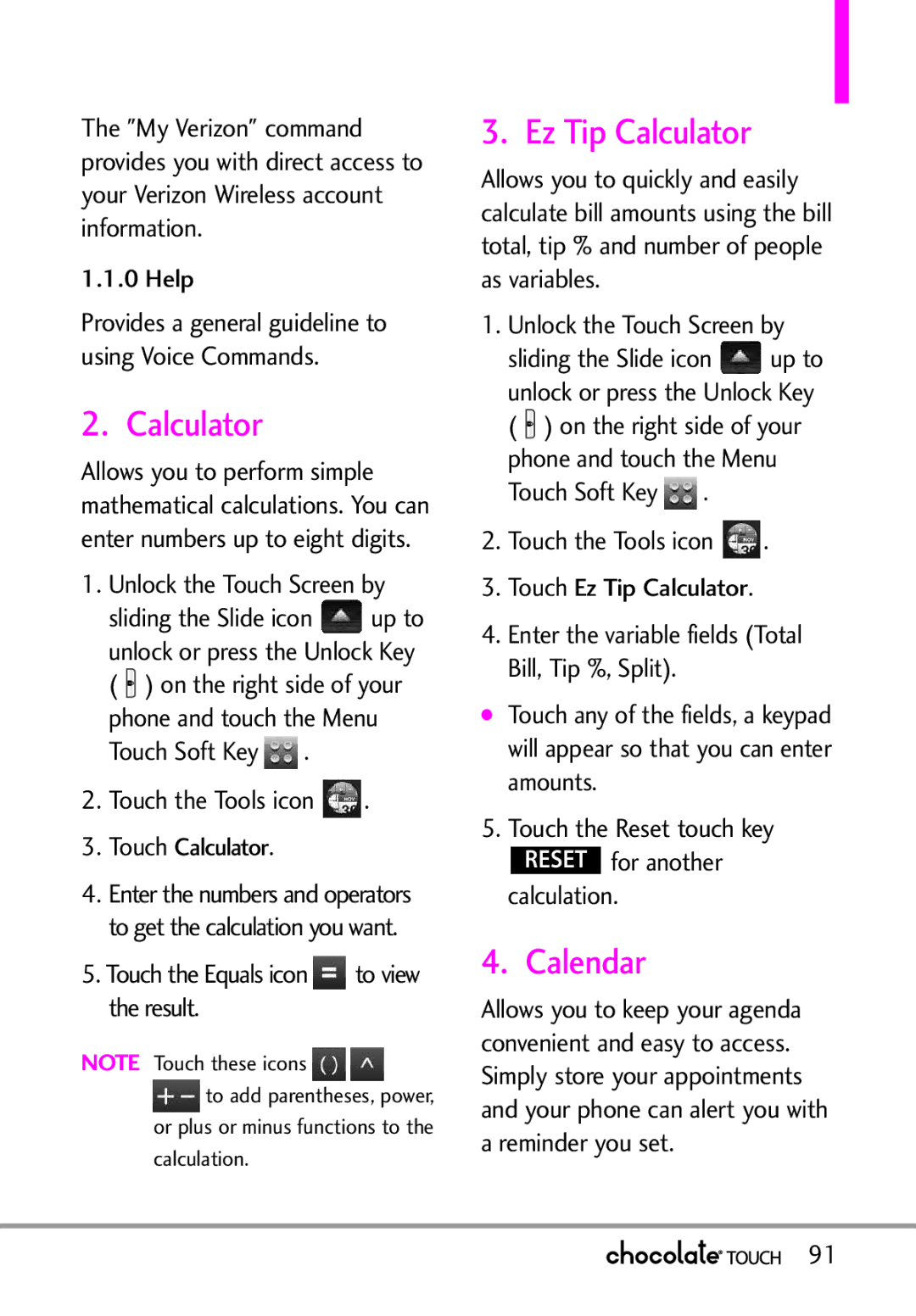 LG Electronics VX8575 manual Ez Tip Calculator, Calendar, Touch the Tools icon Touch Calculator 