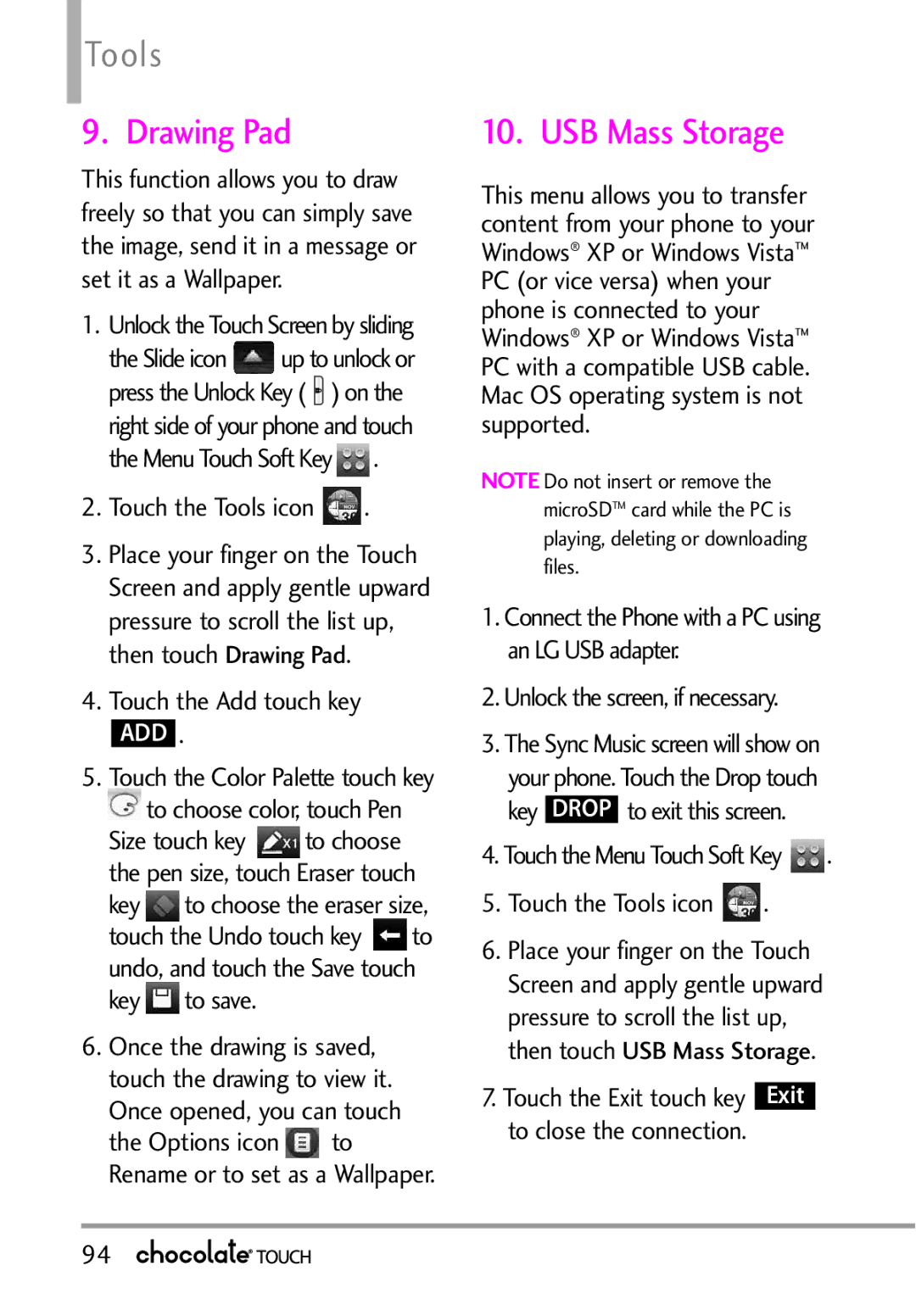 LG Electronics VX8575 manual Drawing Pad, USB Mass Storage, Unlock the screen, if necessary, Touch the Menu Touch Soft Key 